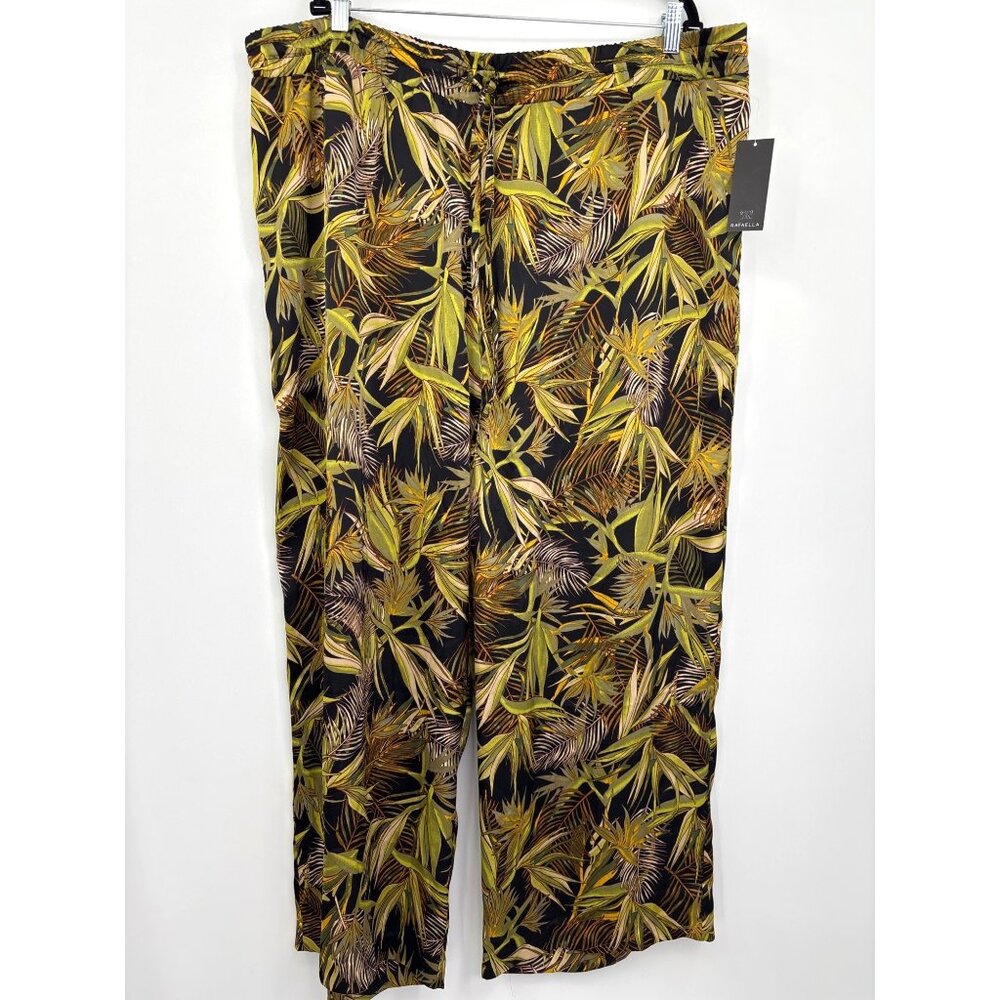 Rafaella Pull On Wide Leg Pant Tropical Print Black Green Size 3X NEW
